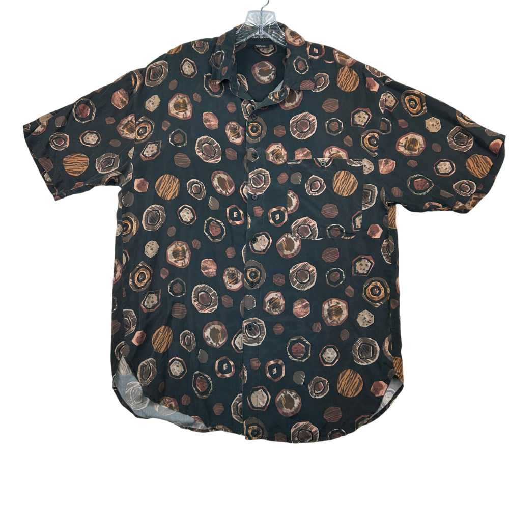 Silk Society Shirt Mens Medium Vintage 90s Geometric Print Black Silk